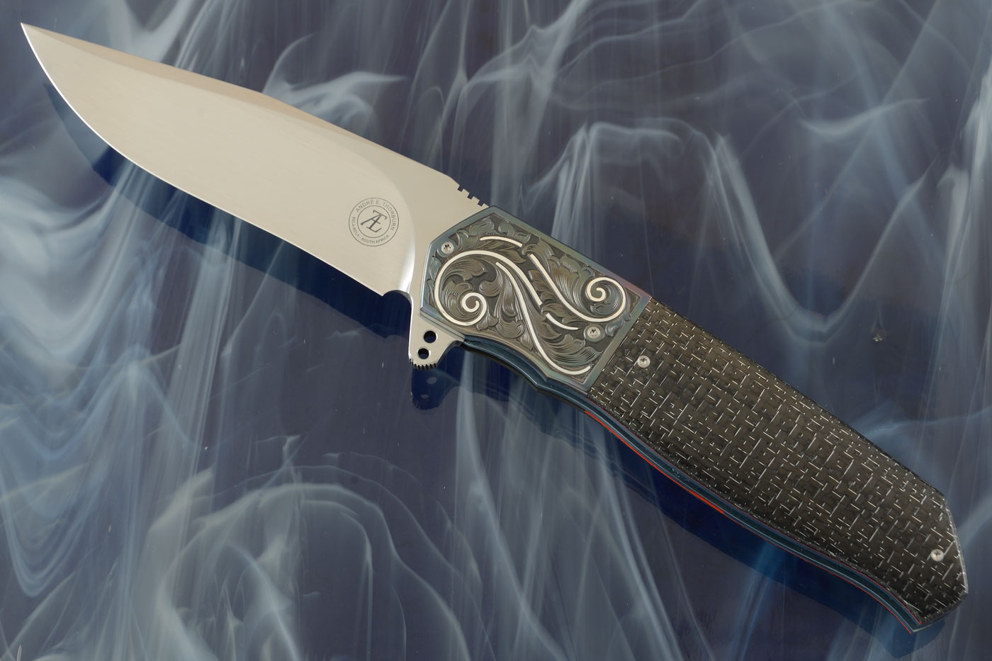 L36M Flipper: Engraved Silver Scrolls - Zirconium and Silver Strike Carbon Fiber (Ceramic IKBS) - M390