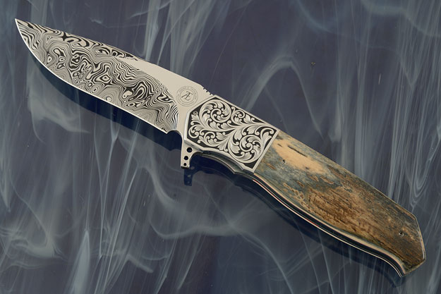 L36M Engraved Flipper with Blue/Green Mammoth Ivory and Damascus (IKBS)