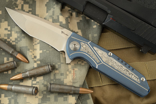 K-4 Flipper - Blue Ti, Damasteel, and Satin Finished M390