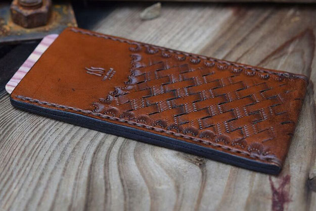 Folding Knife Pouch - English Bridle Leather with Tri-Weave Tooling