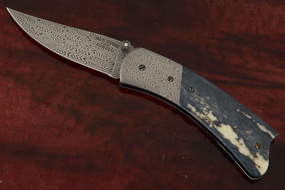 Basketweave Damascus Folder with Ancient Blue Walrus Ivory