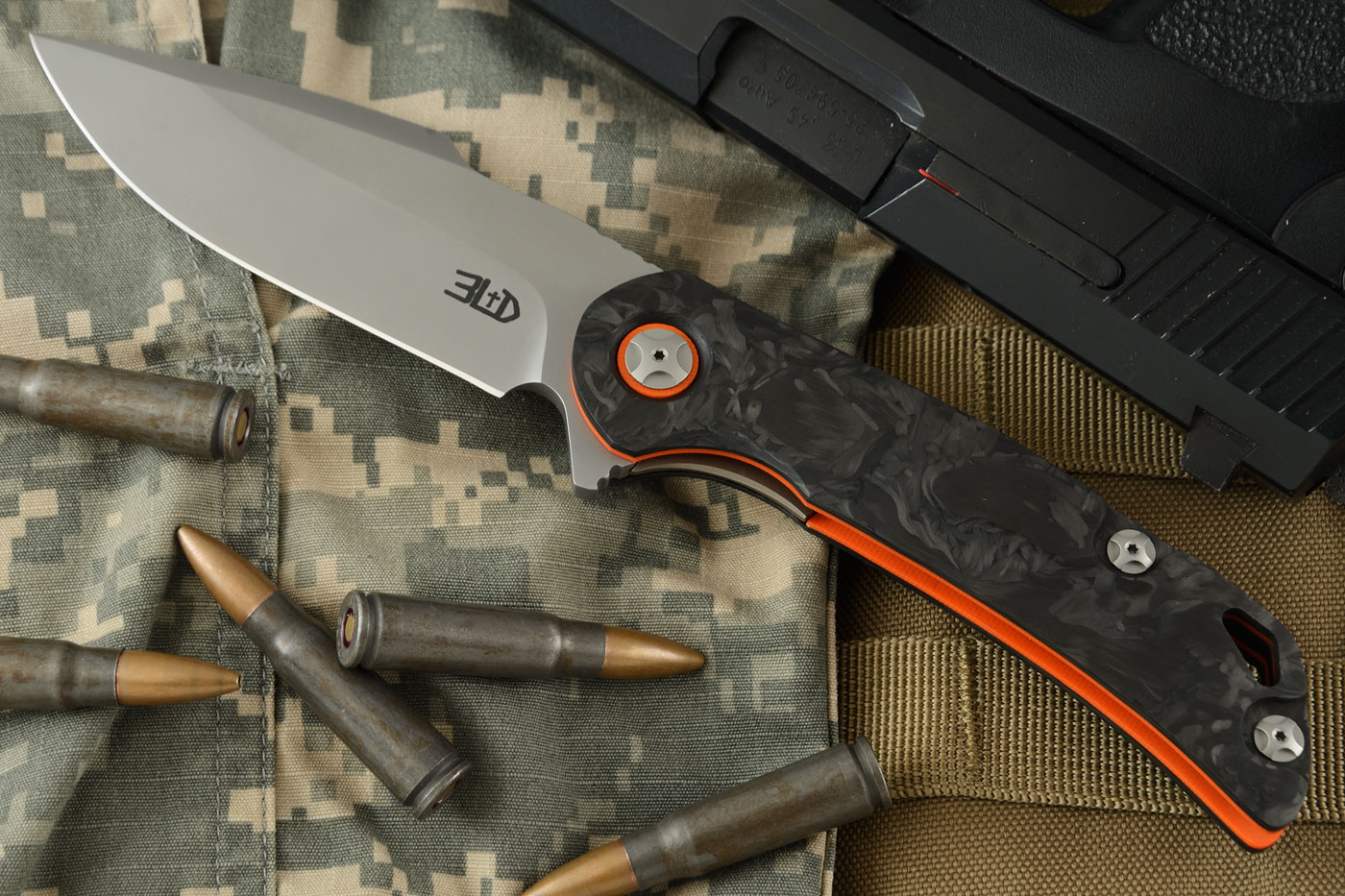 T-3 Flipper with Marbled Carbon Fiber and Orange G10 (Ceramic IKBS)