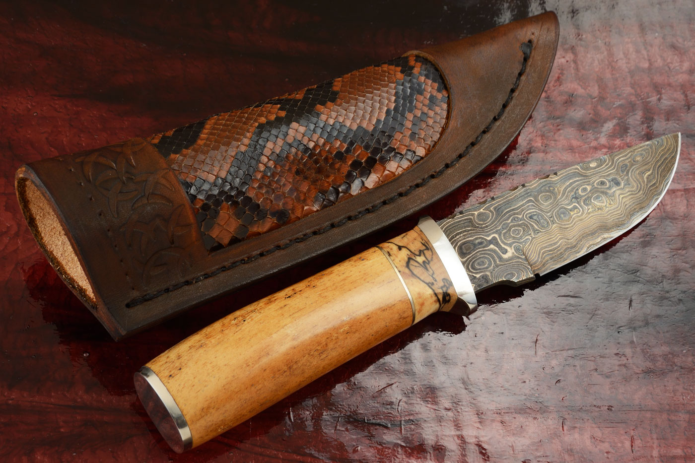 Damascus Hunter with Steller's Sea Cow Rib and Spalted Maple