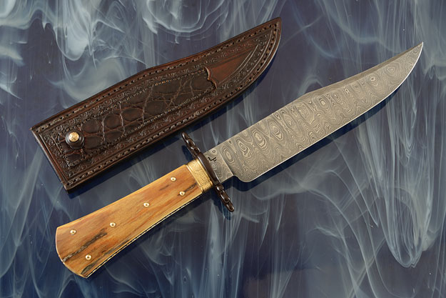 Damascus Bowie with Ancient Mammoth Ivory and 14K Gold Accents