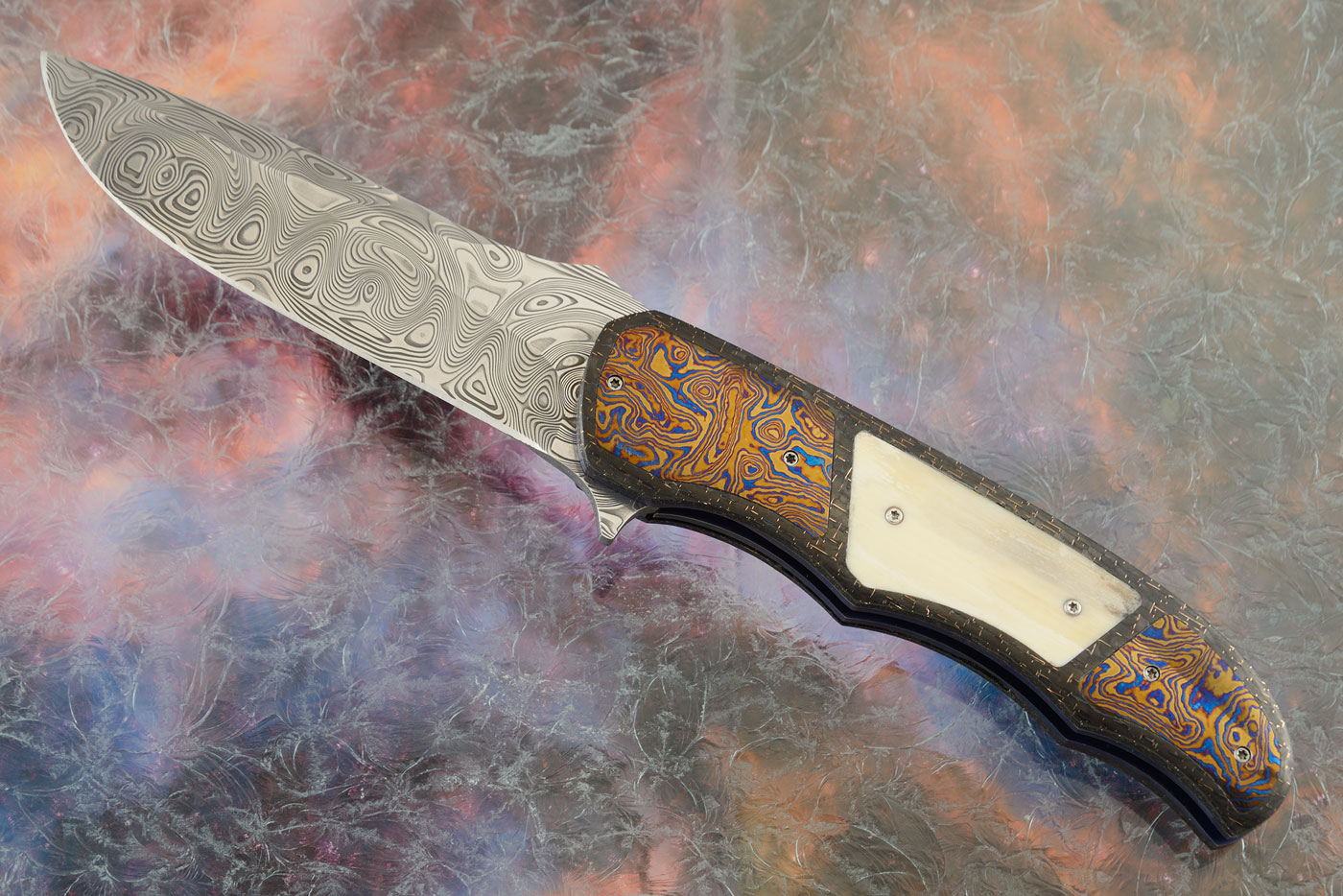 LL-BB Flipper with Damascus, Lightning Strike Carbon Fiber, Mammoth Ivory, and Titanium Damascus (IKBS)