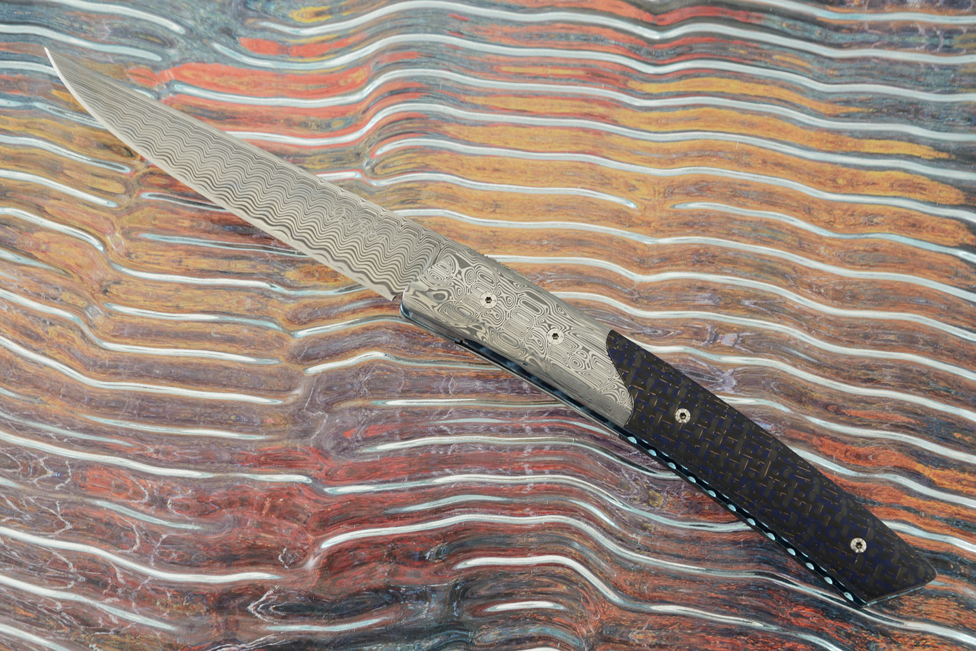 Thiers 9 Front Flipper with Damasteel and Blue Lightning Strike Carbon Fiber